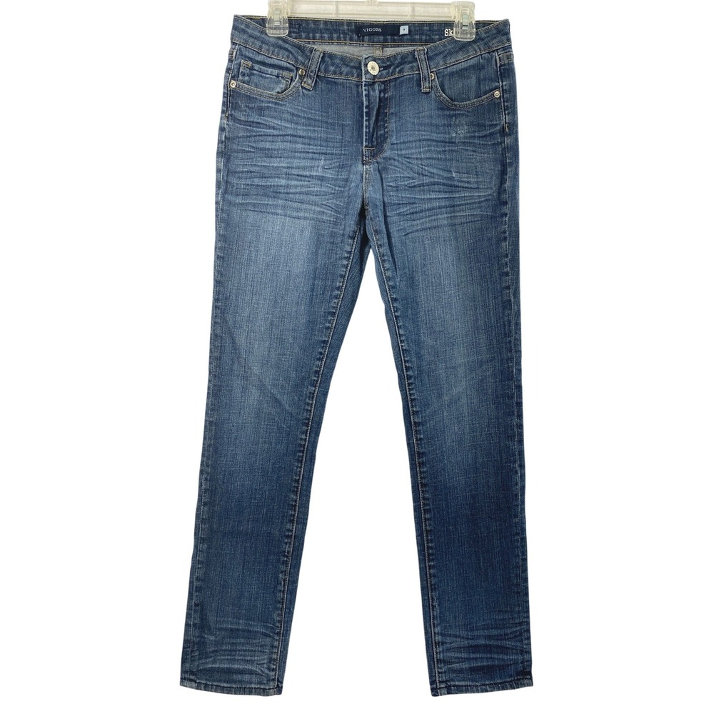 Vigoss Jeans Juniors Size 7 Medium Wash Denim Distress Skinny Low Rise Stretch